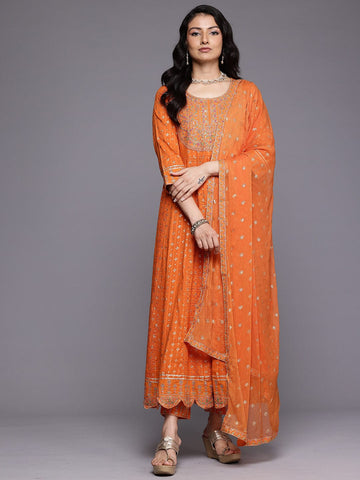 Varanga Women Orange Mirror and Thread Embroidered, Zari Embellished Scalloped Schiffli Anarkali Kurta Paired With Printed Bottom and Embroidered Dupatta